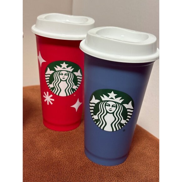 STARBUCKS REUSABLE PLASTIC CUP WITH LID HOT COLD LOT OF 4 16 OZ LIKE NEW - Picture 2 of 7